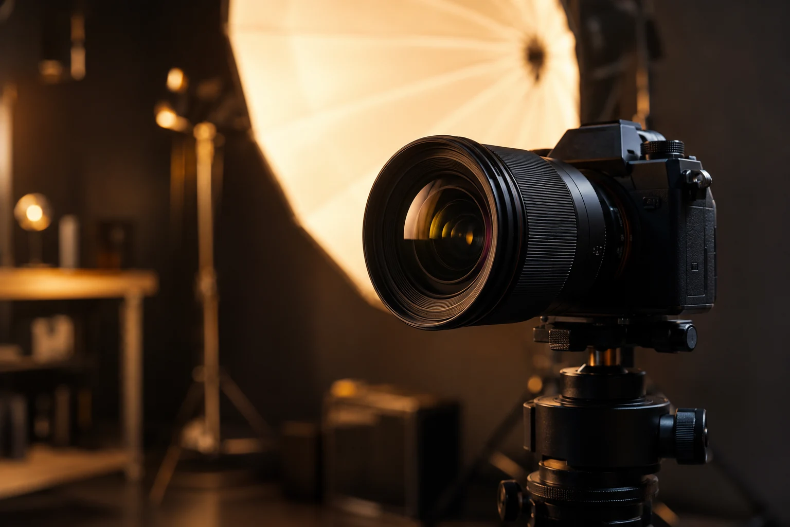 Professional camera and studio lighting ready for a shoot