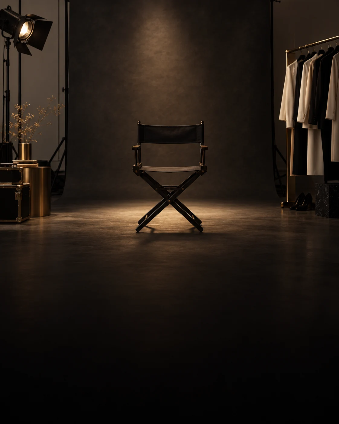 An empty casting set with a director’s chair and studio spotlight