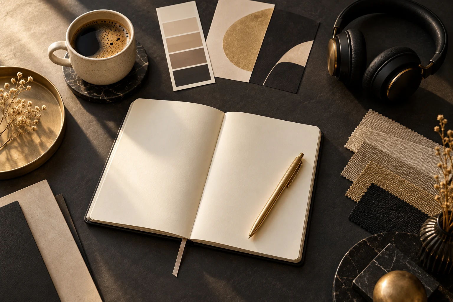 Creative planning desk with notebook, headphones and moodboard materials